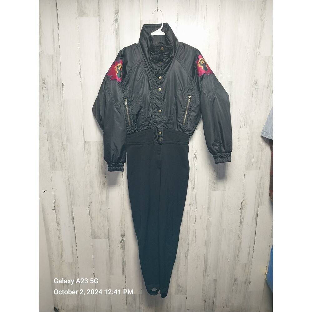 Vintage Kaelin 80s Onepiece Ski Suit Snowsuit, Black, Sz 8, Aztec Embroidery